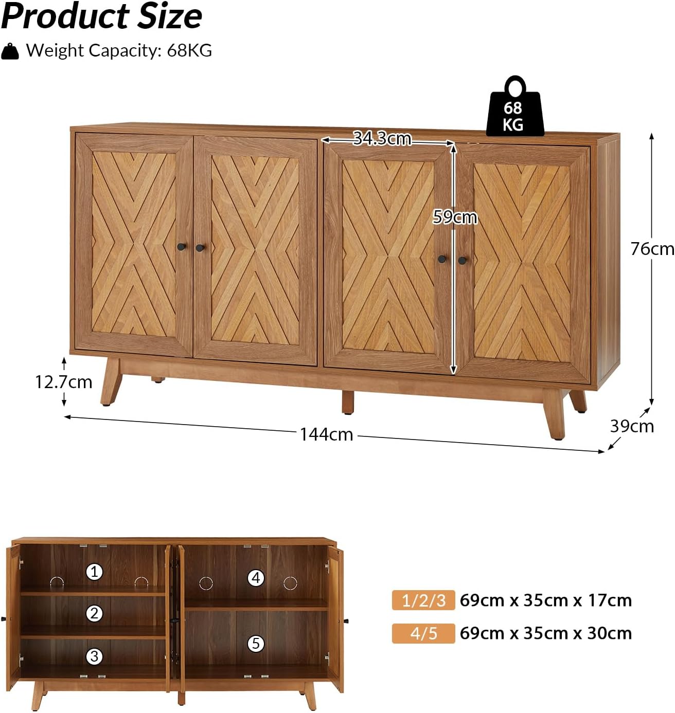 Sideboard with 4 Doors and Adjustable Shelves, Large Sideboard Storage Cabinet Wooden