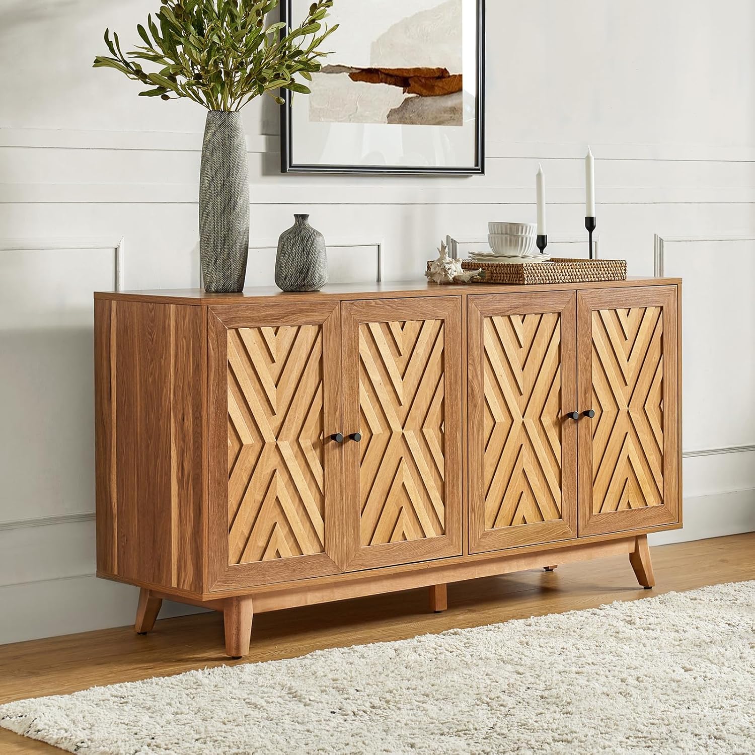Sideboard with 4 Doors and Adjustable Shelves, Large Sideboard Storage Cabinet Wooden
